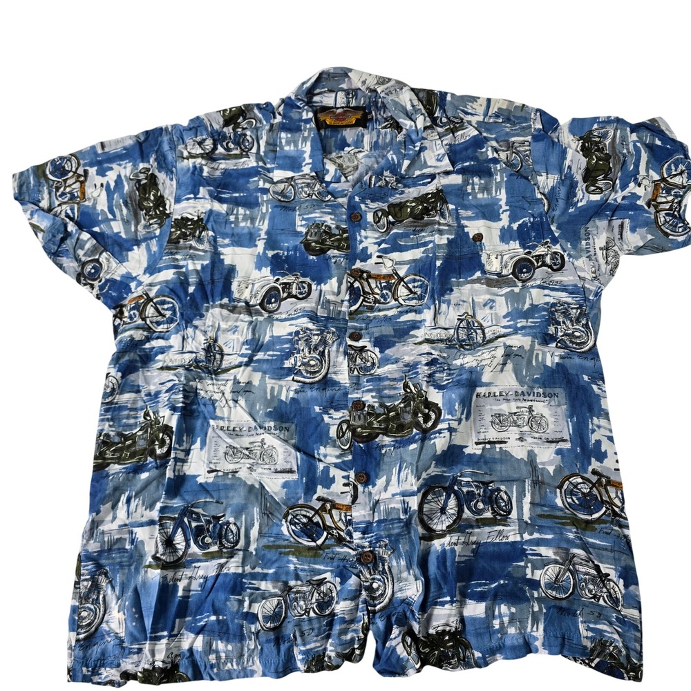 Harley-Davidson Vintage Motorcycle Print Rayon Shirt XL Blue White Made Hawaii